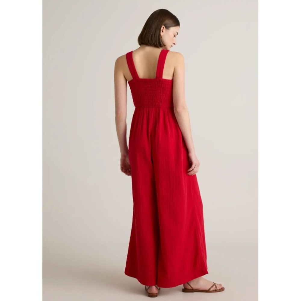 Quince Organic Cotton Gauze Smocked Wide Leg Jumpsuit Wild Cherry Red XL